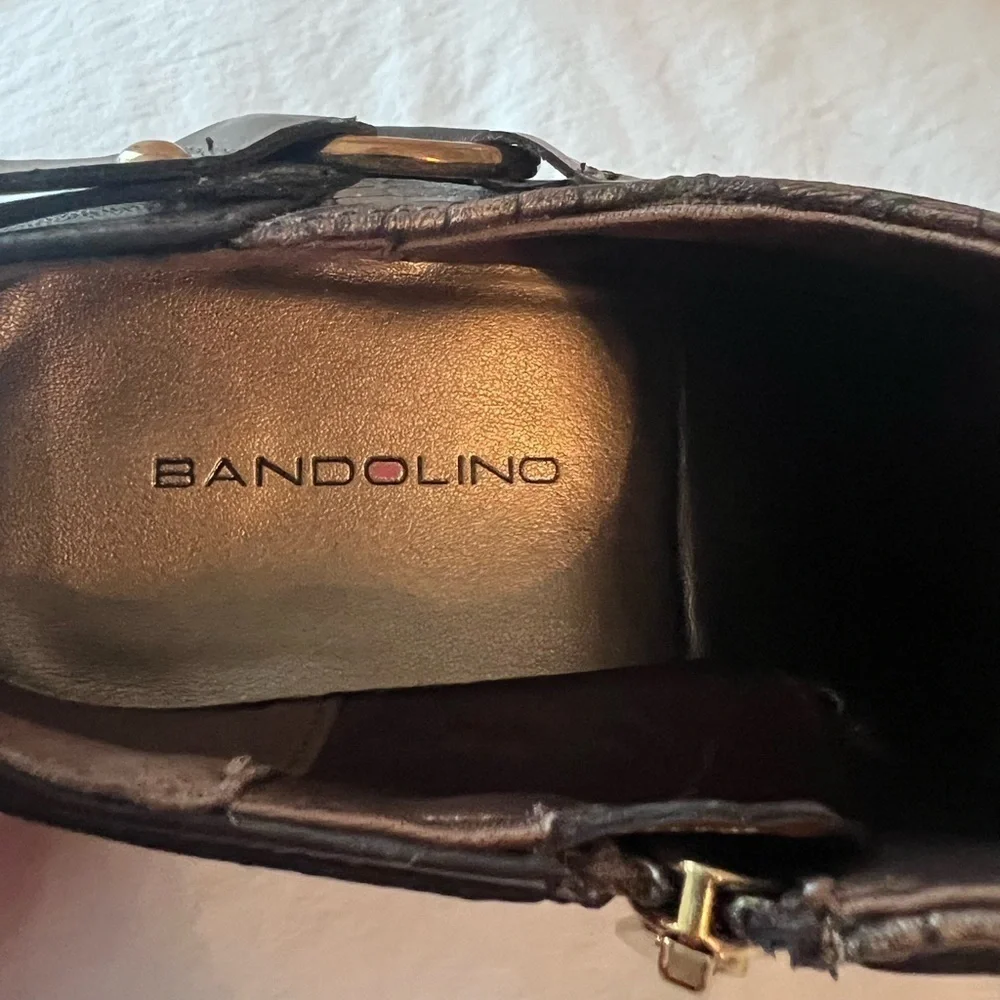 Bandolino Leather Heeled Bootie Brown  Animal Skin Pattern Gold Hardware Sz 8.5M - Picture 8 of 11